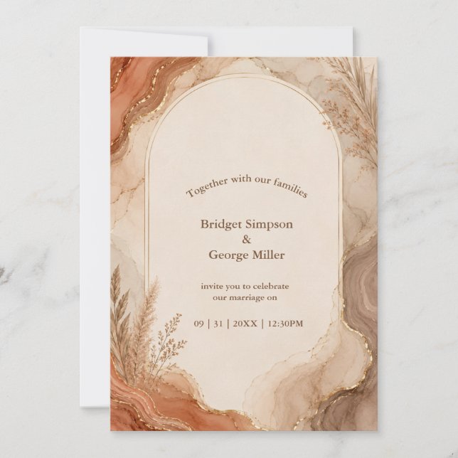 Convites Casamento Boho Mármore Ágata Terracota Rústica (Frente)