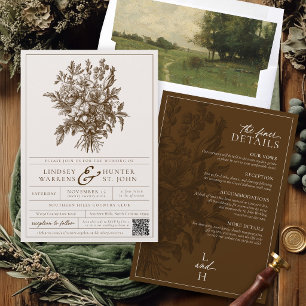 Convites Casamento Boho Marrom Floral Vintage em um Só
