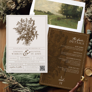 Convites Casamento Boho Marrom Floral Vintage em um Só