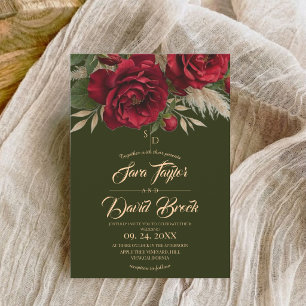 Convites Casamento Boho Moderno de Verde & Rosas Florais 