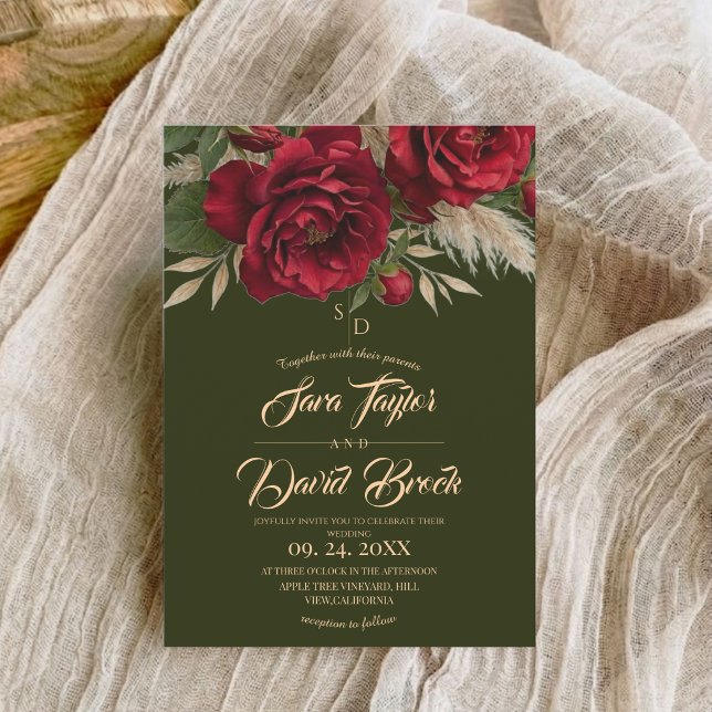 Convites Casamento Boho Moderno de Verde & Rosas Florais  (Criador carregado)