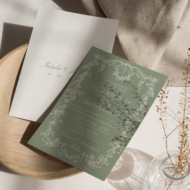 Convites Casamento Boho Monograma Jardim Verde Salvia Flora (Criador carregado)