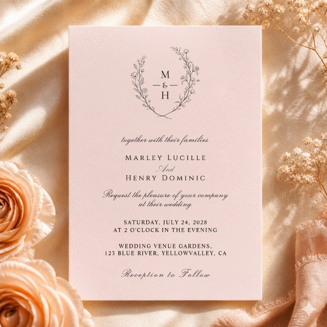 Convites Casamento Boho Monograma Rosa Minimalista (Criador carregado)