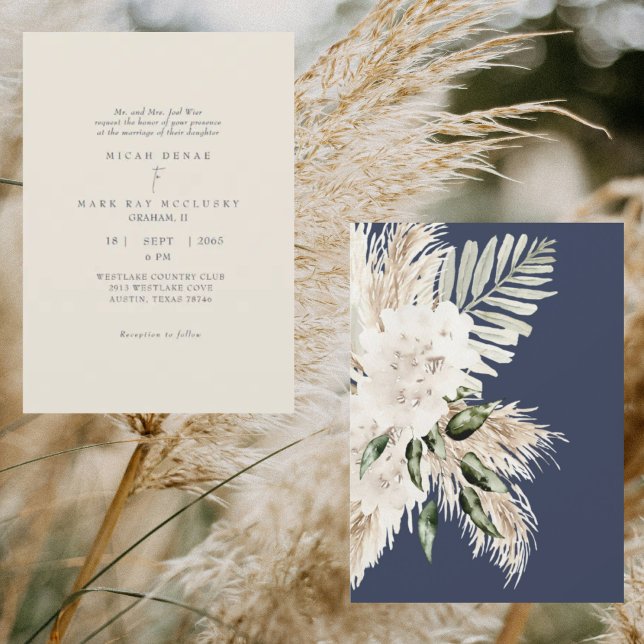 Convites Casamento Boho Navy & Creme Pampas (Criador carregado)