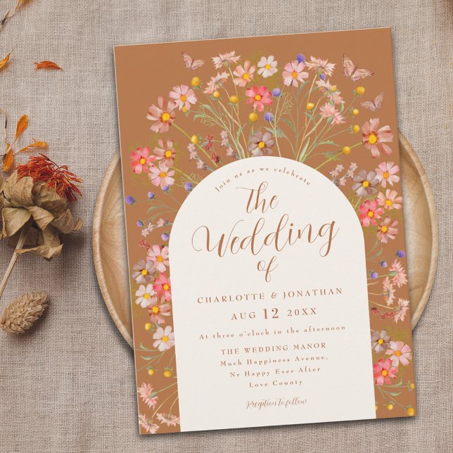 Convites Casamento Boho Outono Flor Silvestre Borboleta (Boho fall floral butterfly Wedding invitation whimsical wildflowers rustic country cottage garden)