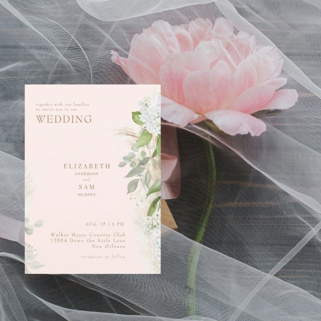 Convites Casamento Boho Pampas Bege Branco Hydraneas (Criador carregado)