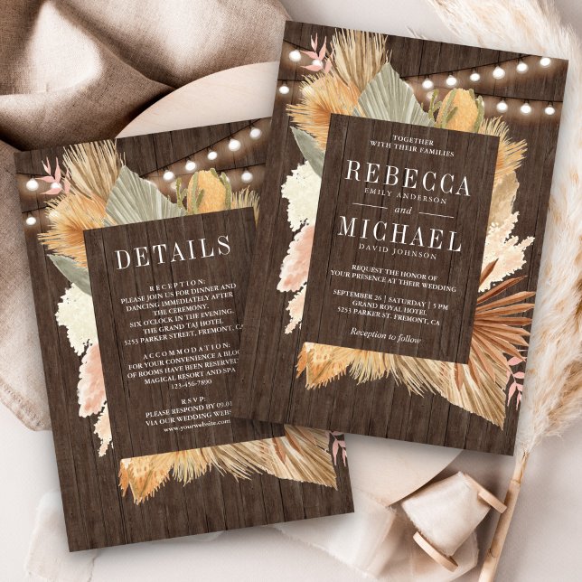 Convites Casamento Boho Pampas Madeira de Palma Seca Tudo e (Criador carregado)