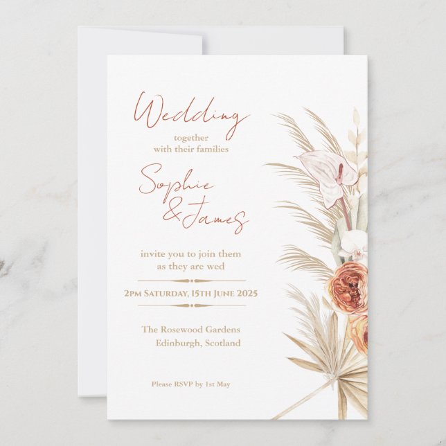 Convites Casamento Boho Pampas Rosa Pêssego Palma Tropical (Frente)