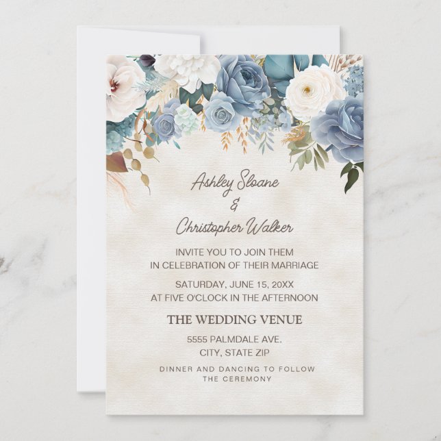 Convites Casamento Boho Poeira Azul Flores Brancas Creme (Frente)