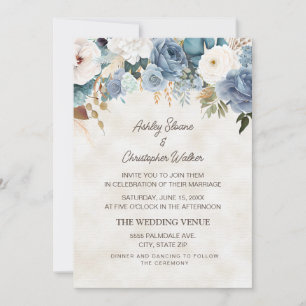 Convites Casamento Boho Poeira Azul Flores Brancas Creme