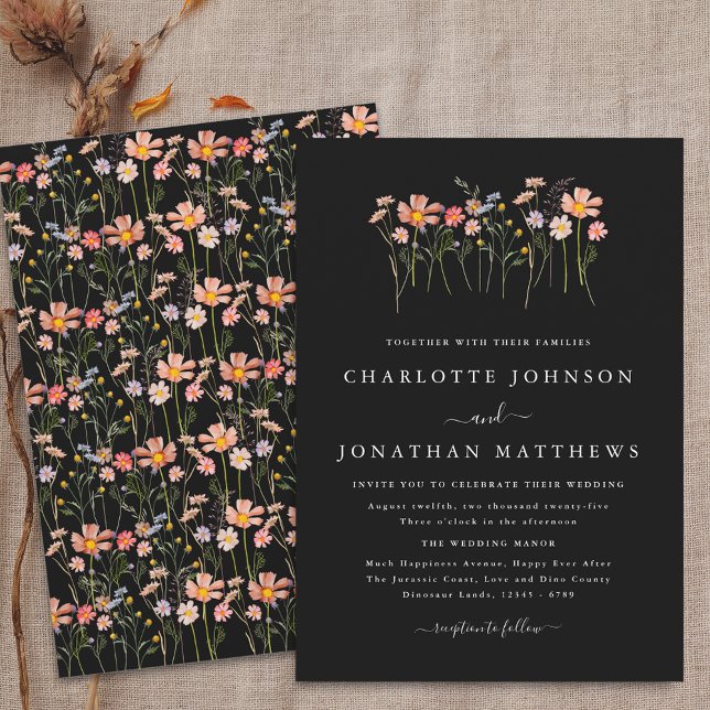 Convites Casamento Boho Preto e Branco de Flores Silvestres (Boho fall Wildflower floral black and white Wedding invitation simple Watercolor autumn flowers)