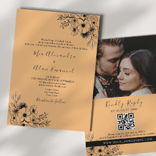 Convites Casamento Boho Preto e Laranja Tudo em Um