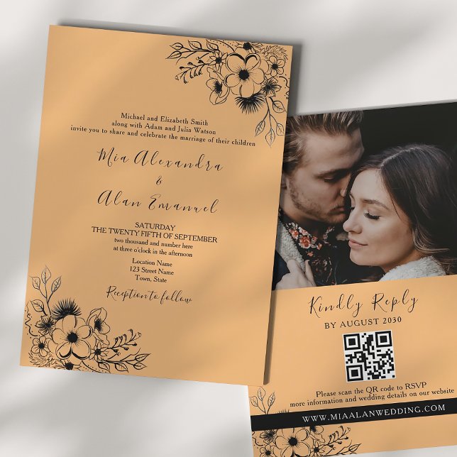 Convites Casamento Boho Preto e Laranja Tudo em Um (Criador carregado)
