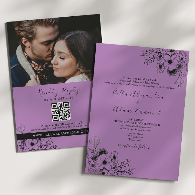 Convites Casamento Boho Preto e Roxo Tudo em Um (Criador carregado)