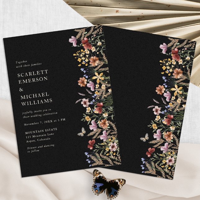 Convites Casamento Boho Preto Moderno (Modern Black Boho Wedding Invitation with Butterfly by Painted Paperie
)