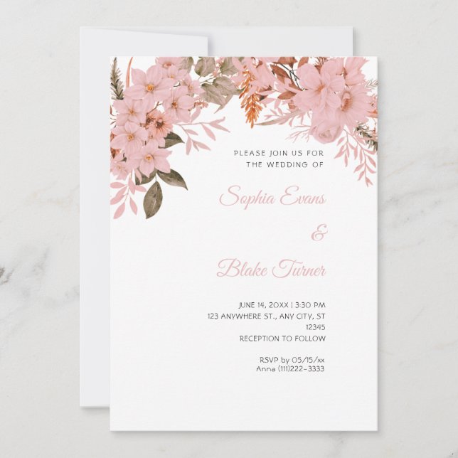 Convites Casamento Boho Rosa Floral Inverno Branco (Frente)
