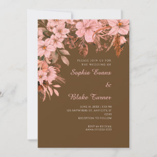 Convites Casamento Boho Rosa Floral Outono Marrom Escuro