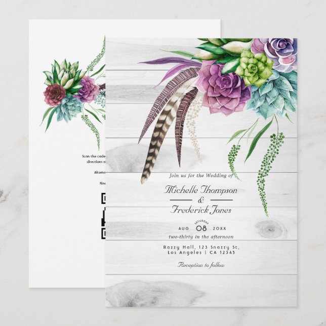 Convites Casamento Boho Rústico com Suculentas QR Code RSVP (Frente/Verso)