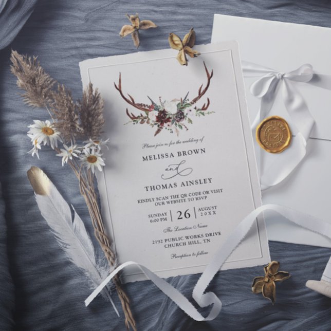 Convites Casamento Boho Rústico Floral Antlers Orçamento Có (Criador carregado)