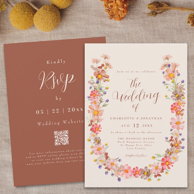 Convites Casamento Boho Rústico Floral de Outono (Boho fall floral wreath qr code wedding invitation burnt orange and beige watercolor autumn flowers)