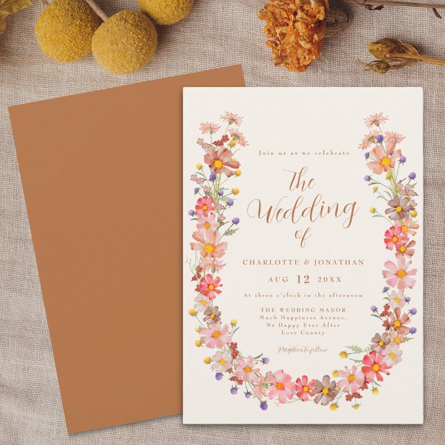 Convites Casamento Boho Rústico Floral de Outono (Boho rustic floral wreath elegant script fall wedding invitation Watercolor wildflowers terracotta )