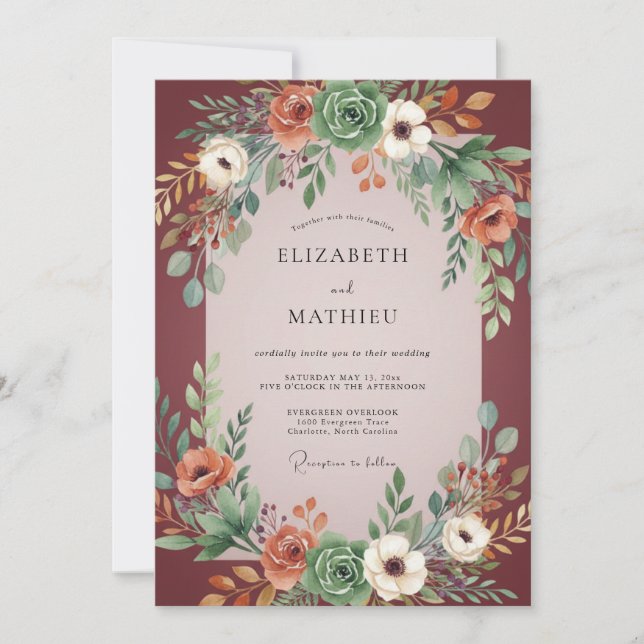 Convites Casamento Boho Suculento Eucalipto Borgonha (Frente)
