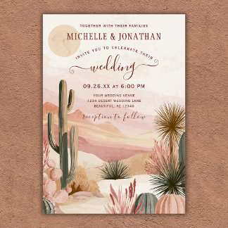 Convites Casamento Boho Sudoeste Deserto de Cacto Aquarela