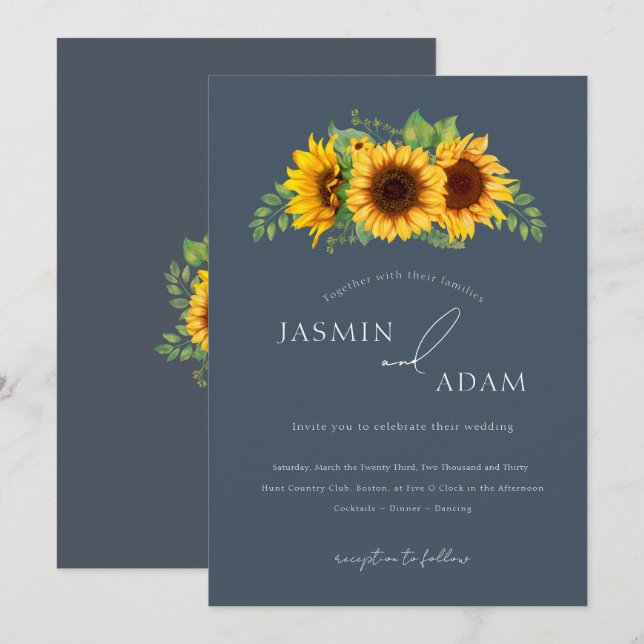 Convites Casamento Boho Sunflower Floral Azul Ardósia (Frente/Verso)