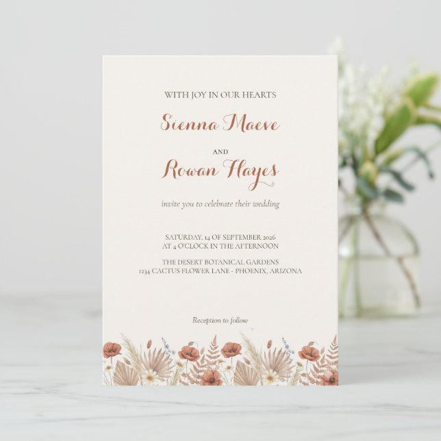 Convites Casamento Boho Terracota Arco & Grama Pampas (Em pé/Frente)