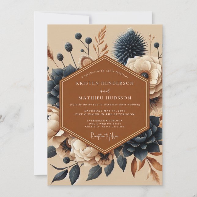 Convites Casamento Boho Terracota Navy (Frente)