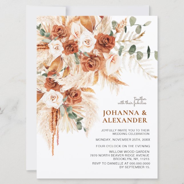 Convites Casamento Boho Terracota Ousado e Brilhante  (Frente)