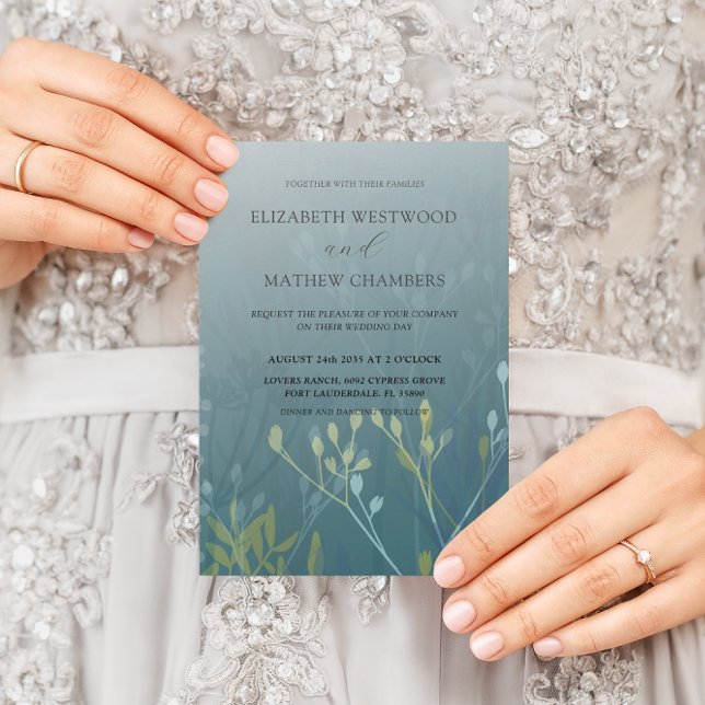 Convites Casamento Boho Verde Azul & Amarelo com Folhagem P (Criador carregado)