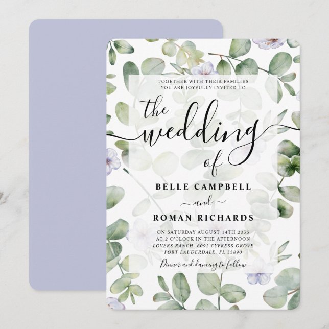 Convites Casamento Boho Verde Eucalipto e Floral Roxo (Frente/Verso)