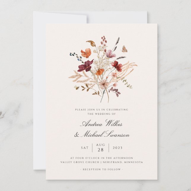 Convites Casamento Boho Vintage Flor Silvestre Outono (Frente)