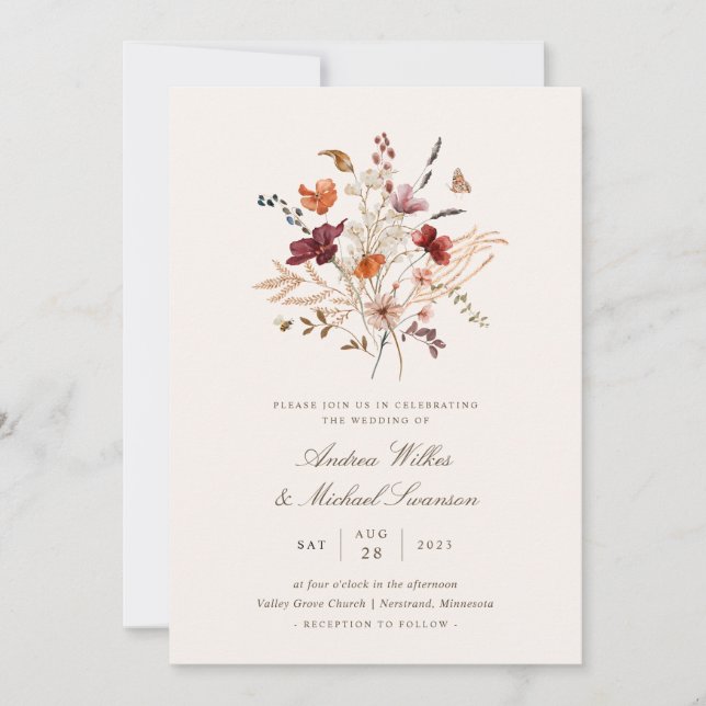 Convites Casamento Boho Vintage Flor Silvestre Outono (Frente)