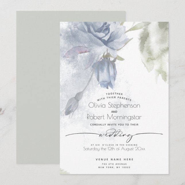Convites CASAMENTO | Boho Watercolor Azul Rosa (Frente/Verso)