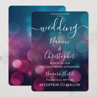 Convites Casamento Bokeh Azul Rosa Escuro Personalizável