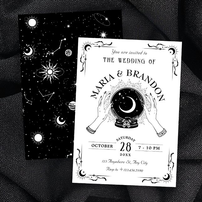 Convites Casamento bola de cristal da lua mágica preta e br (Criador carregado)