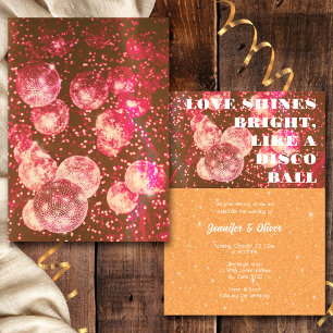 Convites Casamento Bola de Discoteca Retro Rosa Quente e La
