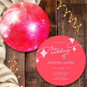 Convites Casamento Bola de Discoteca Rosa Laranja Retro