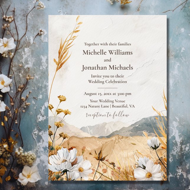 Convites Casamento bonito Boho Mountain Wildflower (Front - Pretty Boho Mountain Wildflower Wedding Invitation)