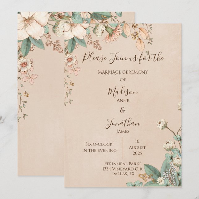 Convites Casamento Bonito com a Manuscrita Romântica Floral (Frente/Verso)