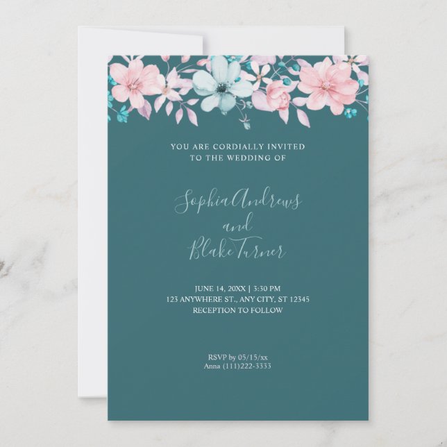 Convites Casamento bonito com Teal Floral, Rosa e Azul (Frente)