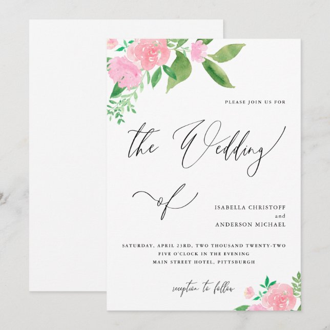 Convites Casamento bonito de Caligrafia Floral Buquê Rosa (Frente/Verso)