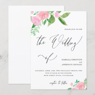 Convites Casamento bonito de Caligrafia Floral Buquê Rosa
