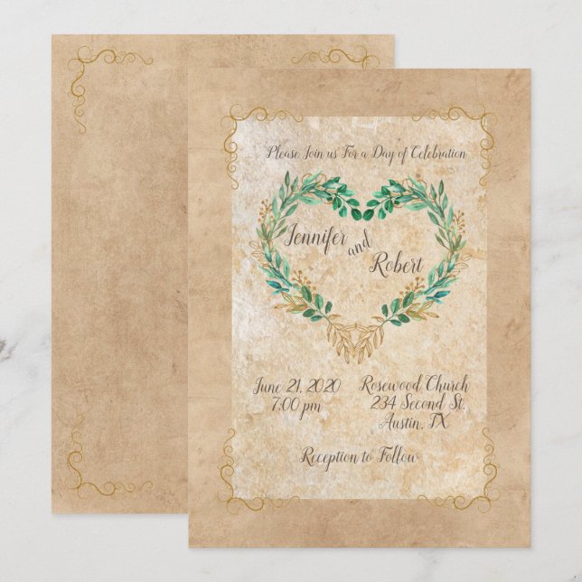 Convites Casamento Bonito de Coração Antiquado Rustic Green (Frente/Verso)