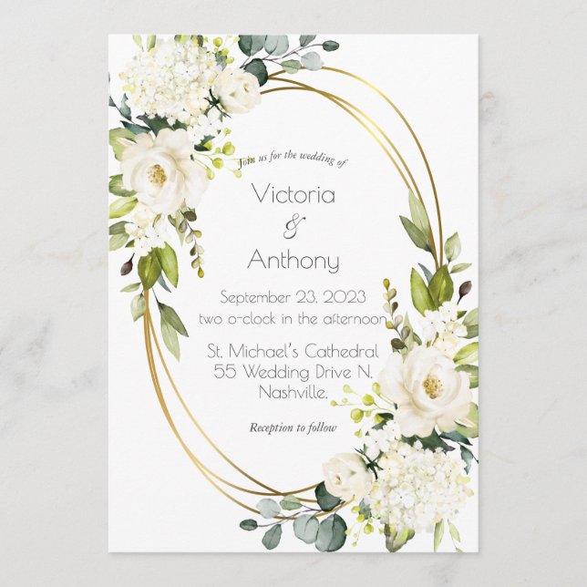 Convites Casamento bonito de Quadro Dourado Branco Floral M (Frente)