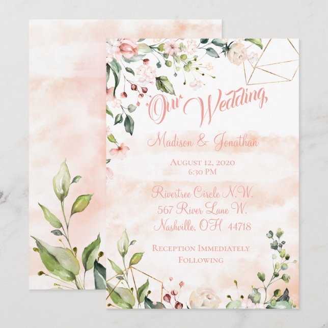 Convites Casamento bonito de Script Floral Rosa (Frente/Verso)