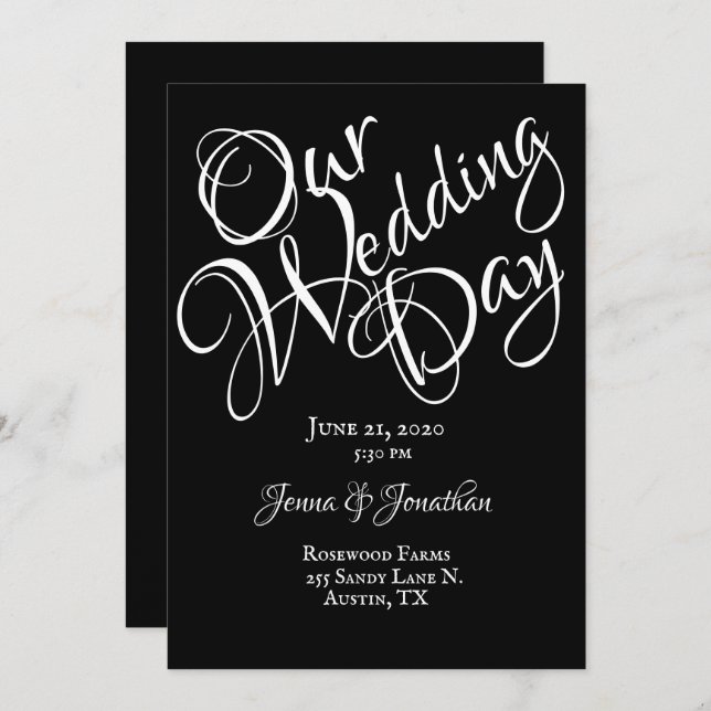 Convites Casamento Bonito de Script Preto e Branco (Frente/Verso)