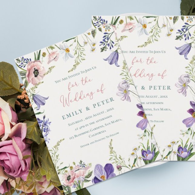 Convites Casamento bonito Púrpura de Borda Floral Rosa-Rosa (Pretty Purple Blush Pink Floral Border Wedding Invitation)